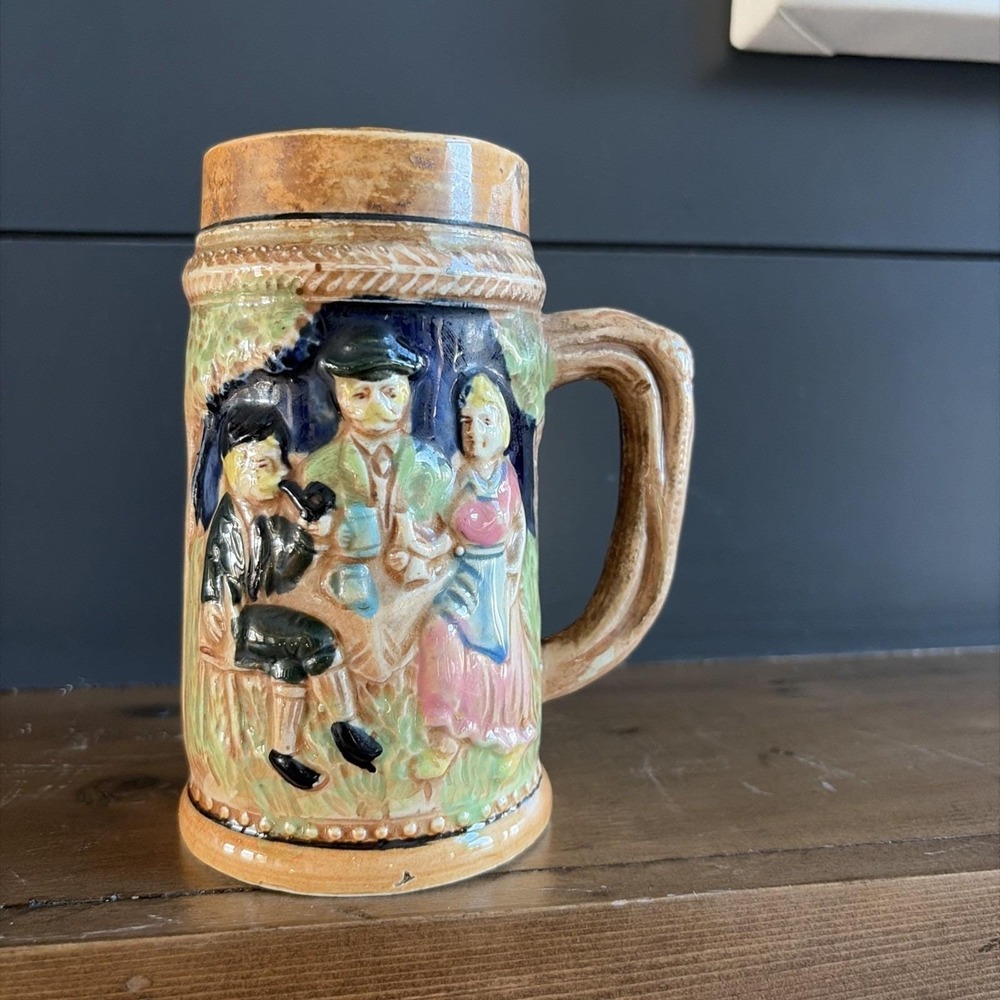 Japanese‎ VTG Majolica Stein Mug, German Country Scene 5.5x4", Barware Mancave